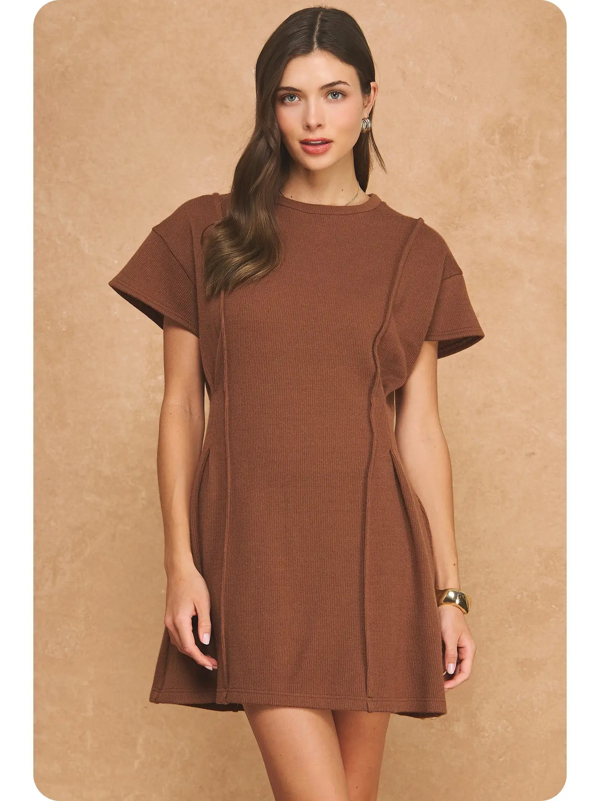 Ribbed Knit Pintuck Mini Dress - Chocolate