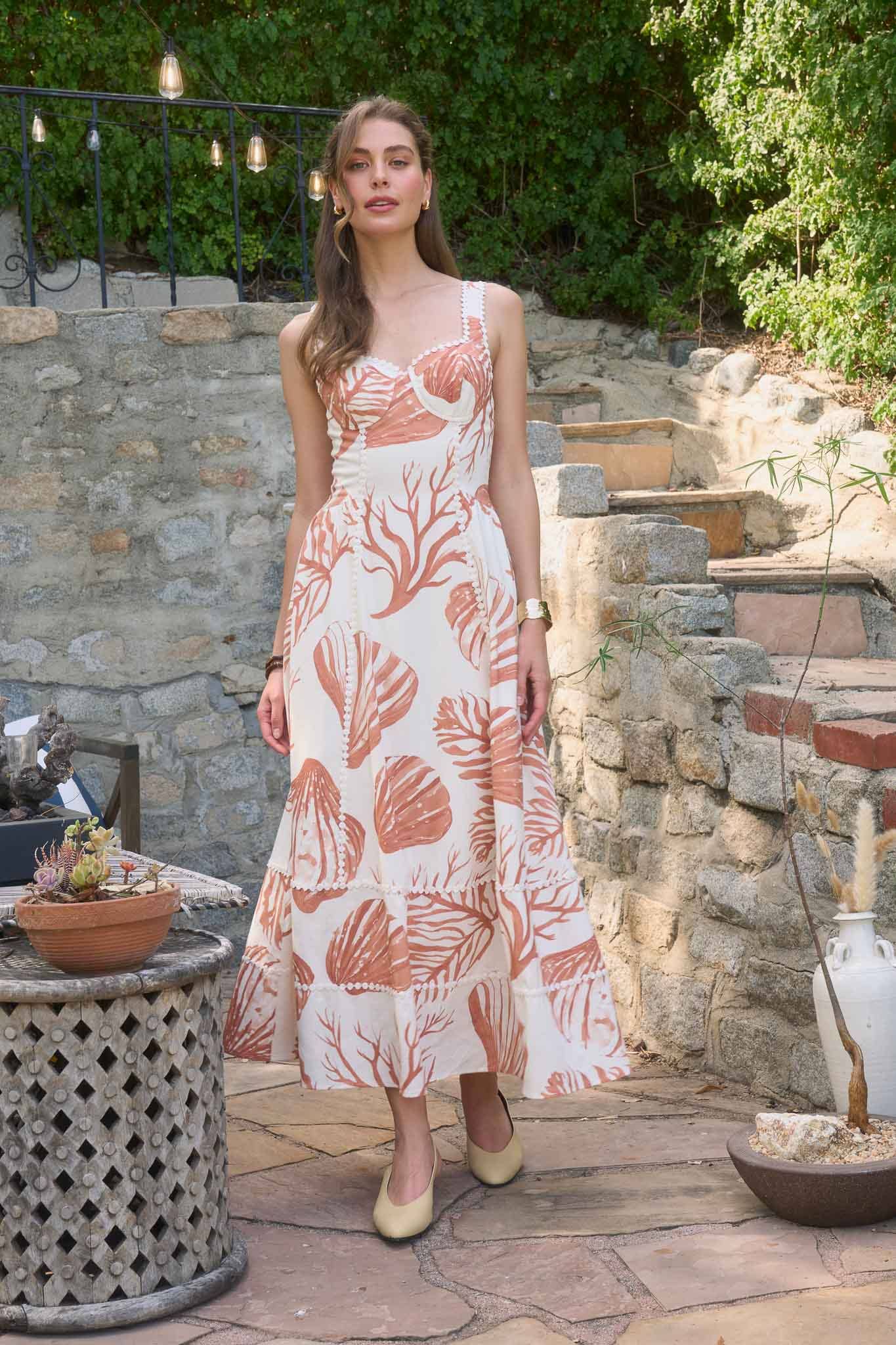 Seashell Motif Lace Trim Sleeveless Midi Dress
