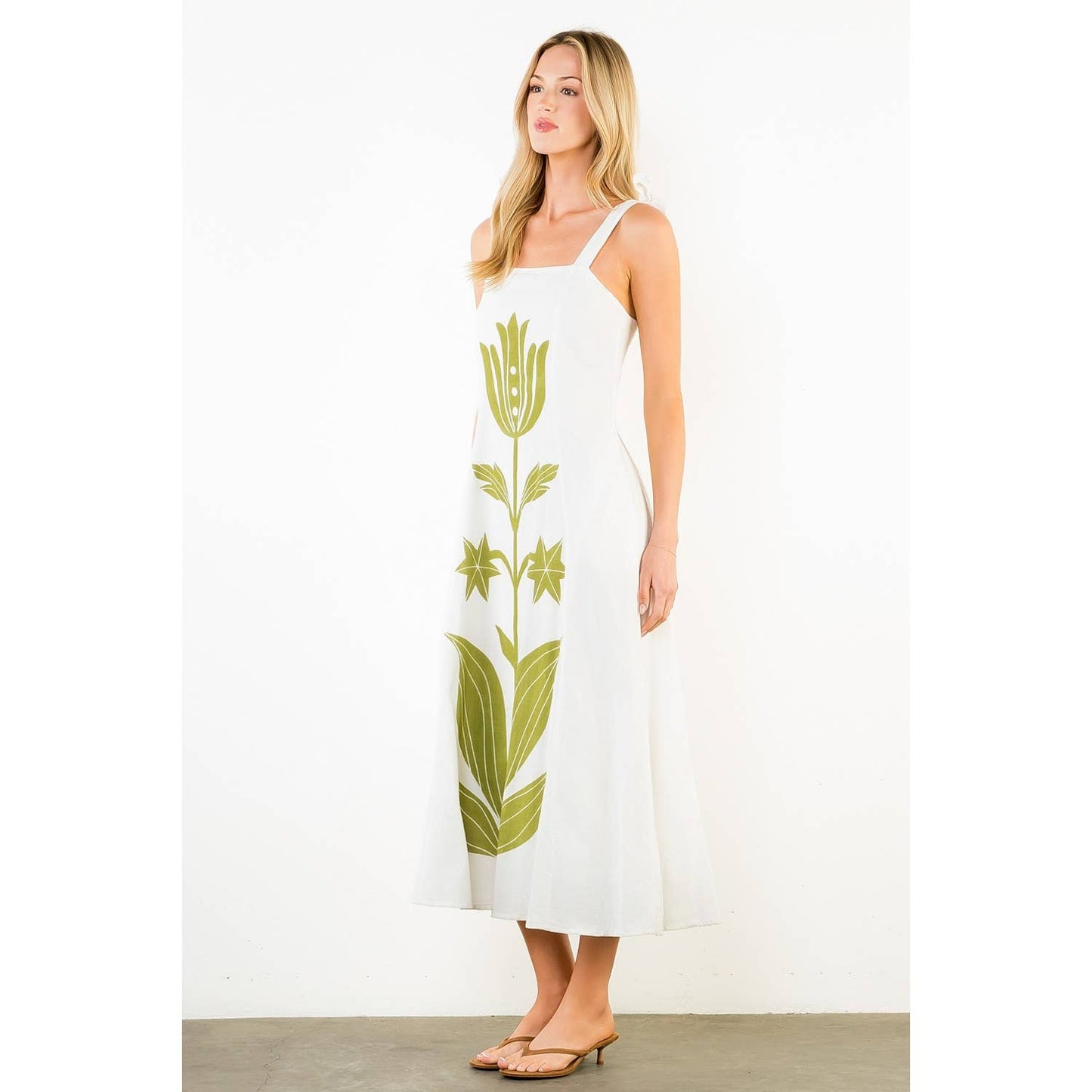 Tie Strap Square Neck Print Midi Dress