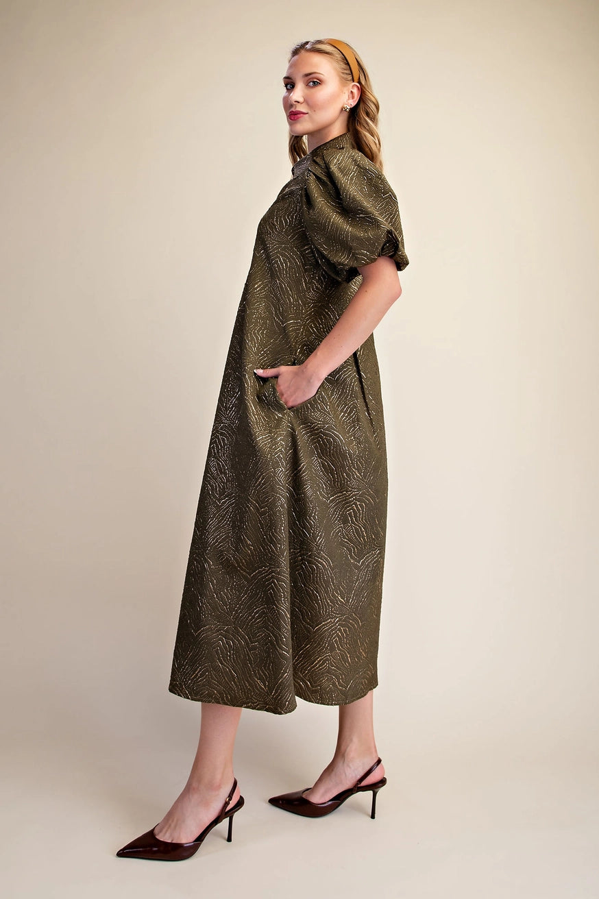 Puff Sleeve Pleated Lurex Midi Dress - Olive