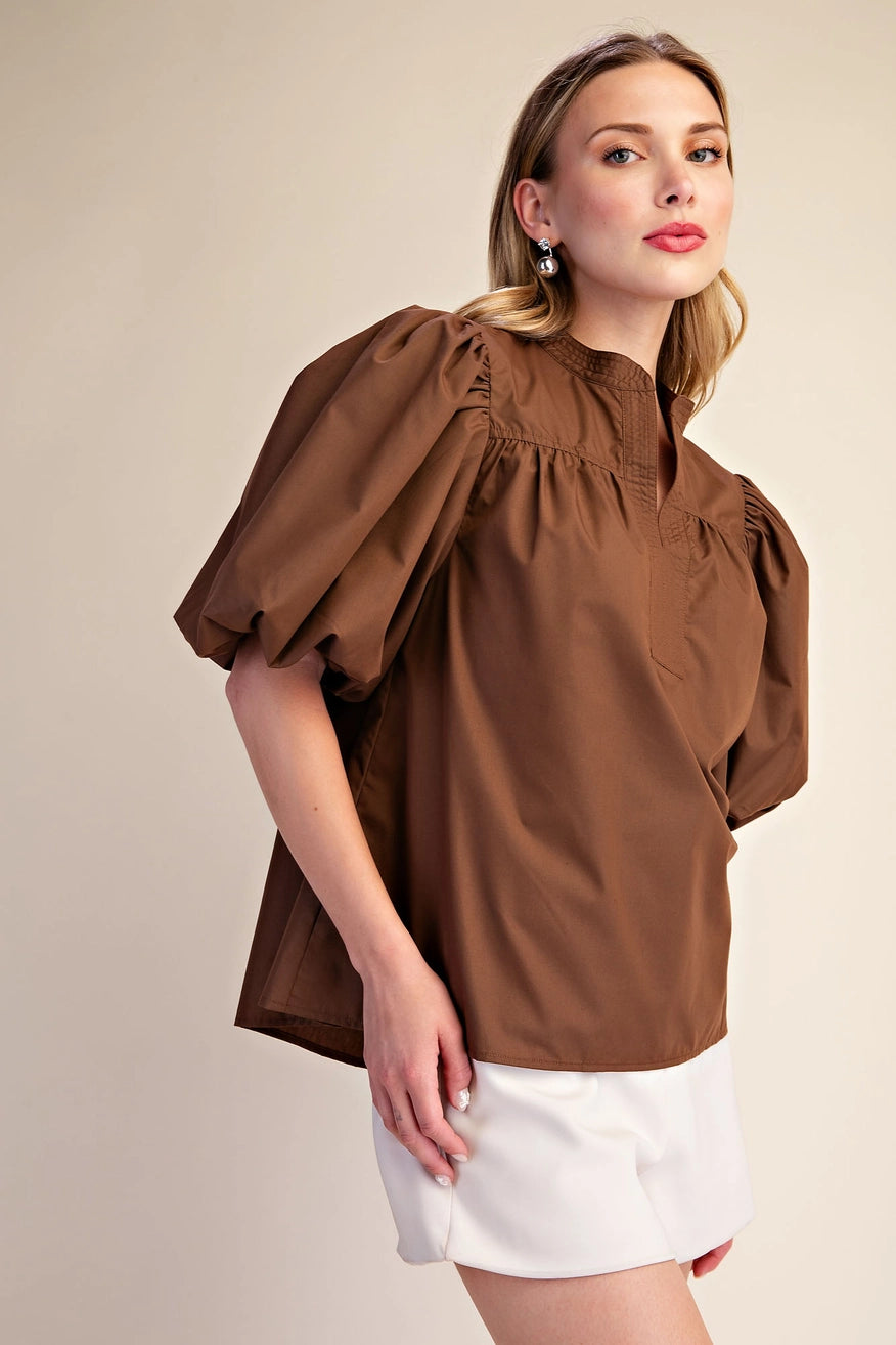 V-Neck Brown Bubble Sleeve Top