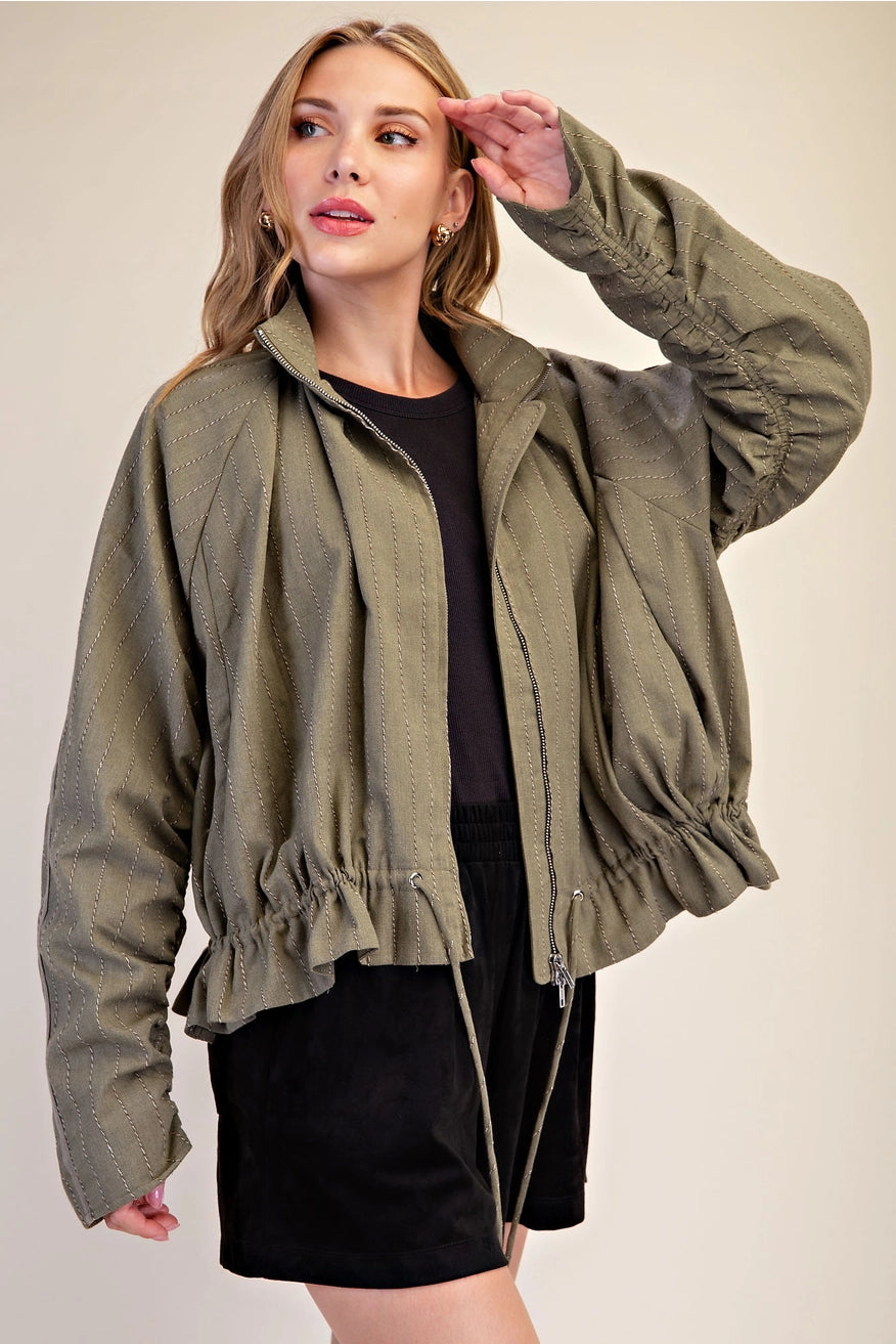 Double Zipper Funnel Neck Jacket - Olive