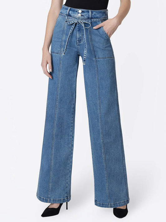 Super High Rise Tie Waist Band Wide Leg Jeans