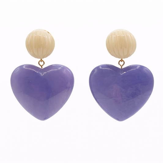 Amour Carved Mother Of Pearl Resin With Lavender Heart Drop Pierced Earrings