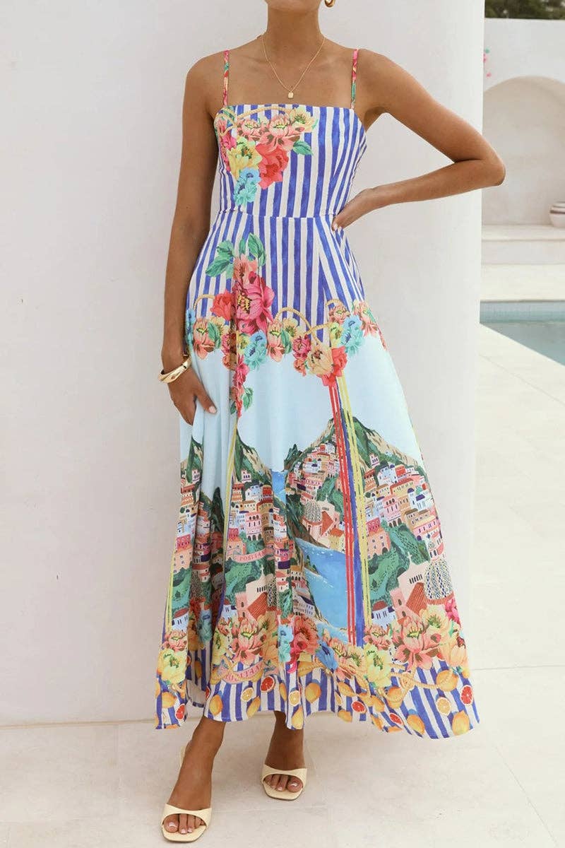 Floral Striped Spaghetti Strap Maxi Dress