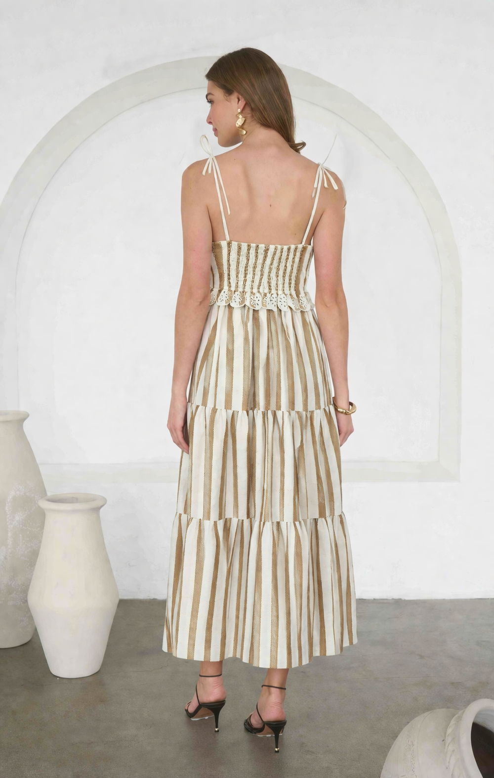 Striped Embroidered Scallop Detail Midi Dress
