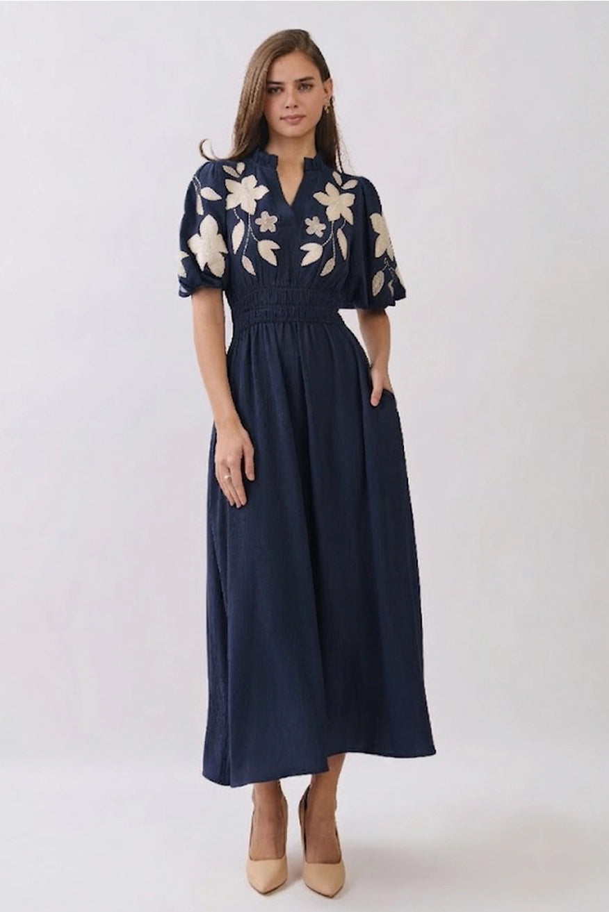 Embroidered Midi Dress - Navy/White