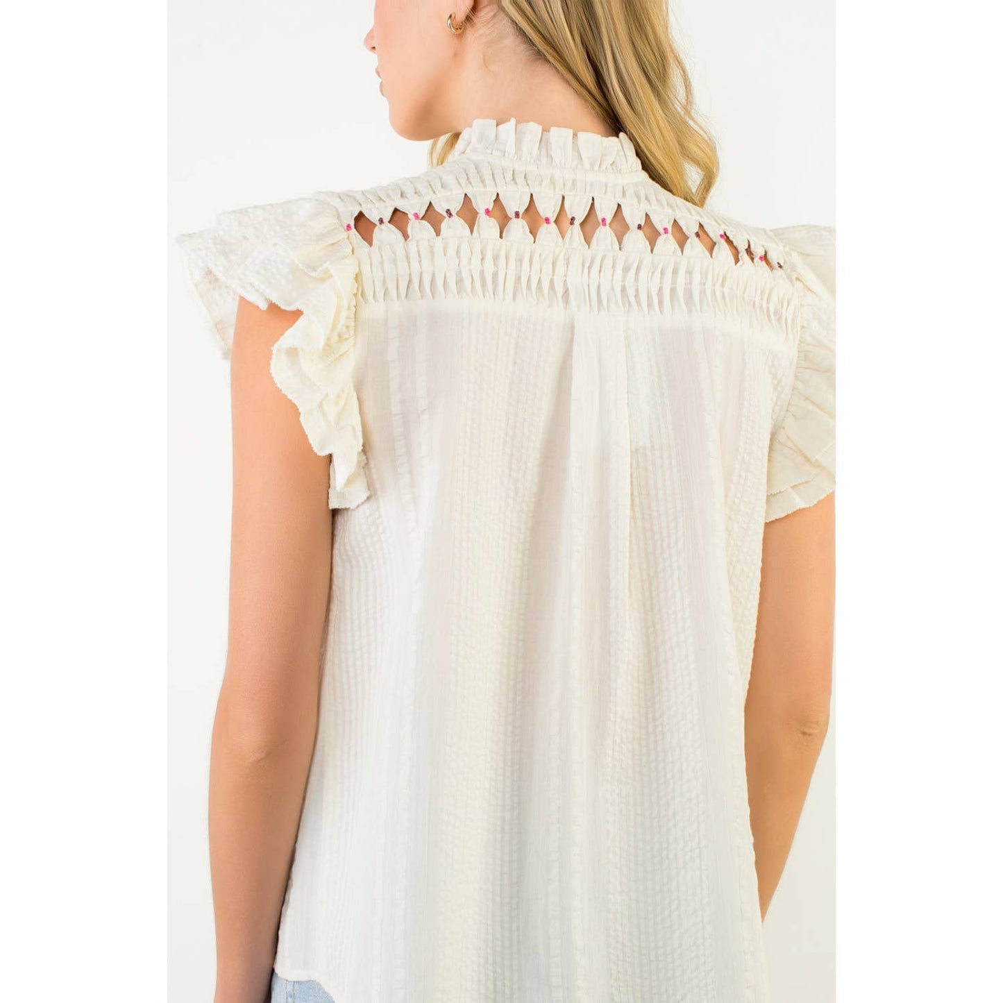 Embroidered Cutout Ruffle Sleeve Button Top