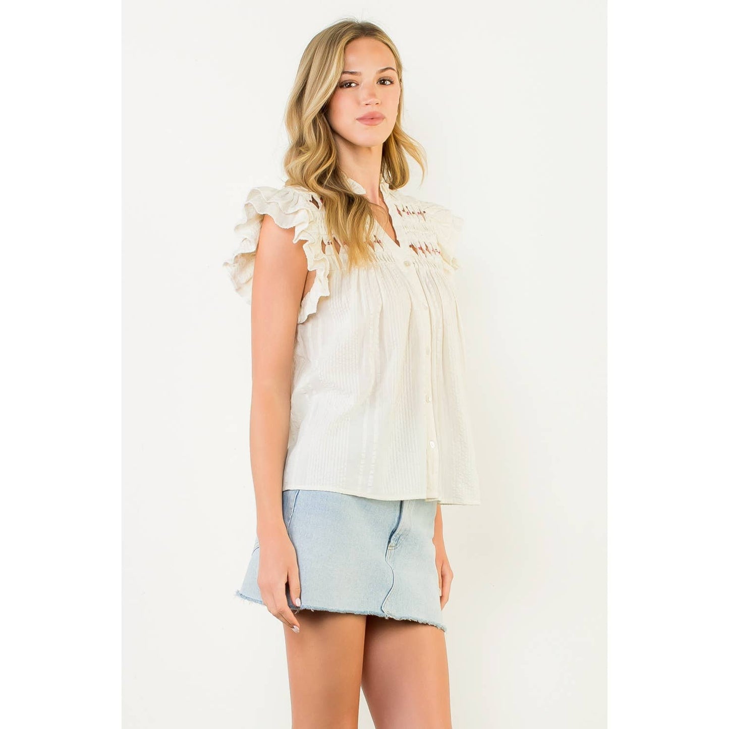 Embroidered Cutout Ruffle Sleeve Button Top