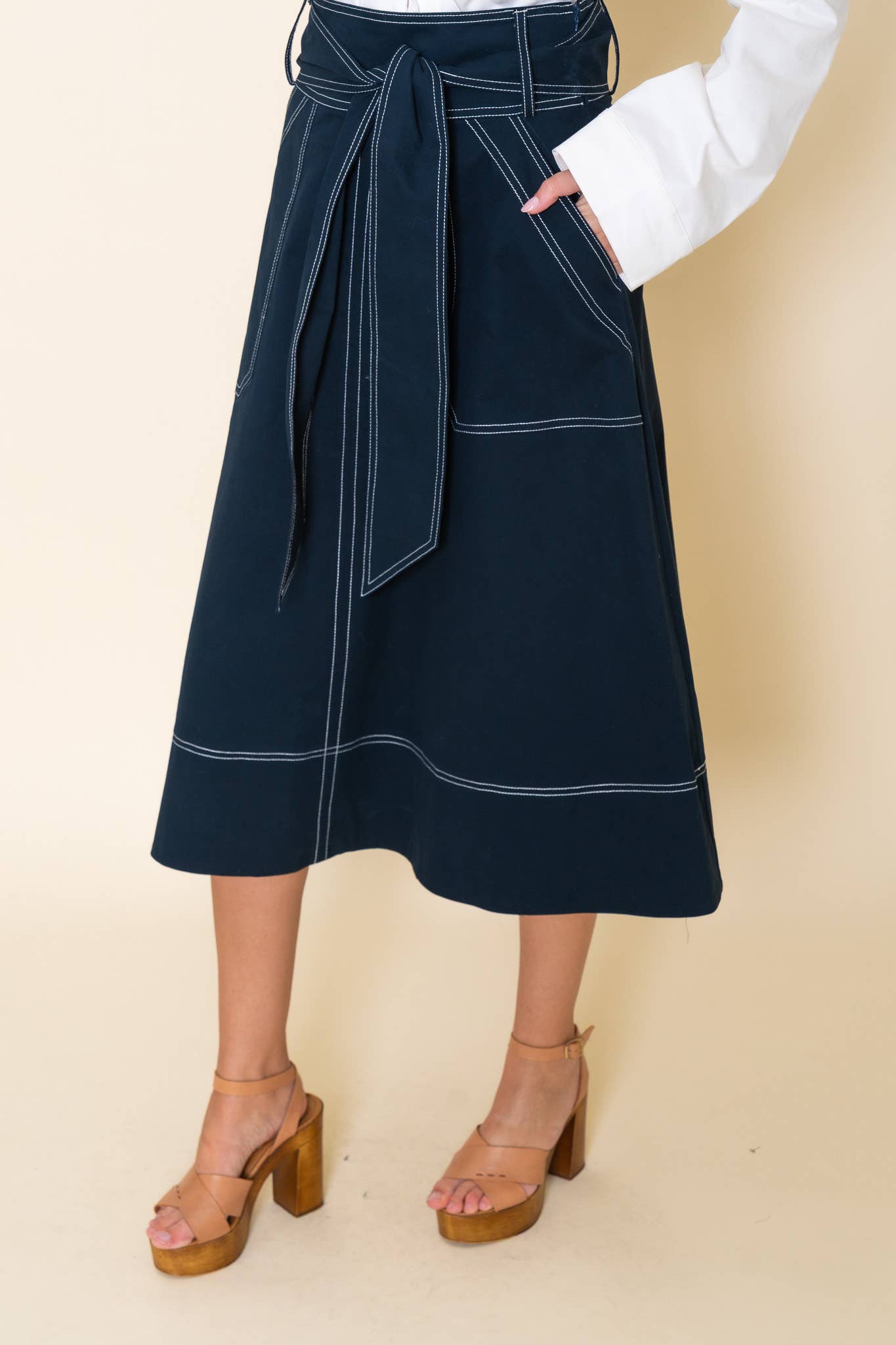 Navy Midi Skirt w/White Stitch Skirt