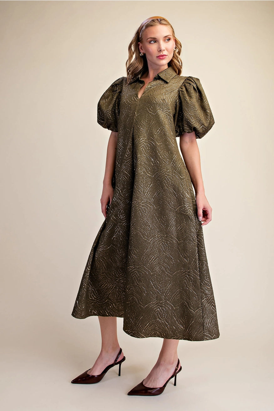 Puff Sleeve Pleated Lurex Midi Dress - Olive