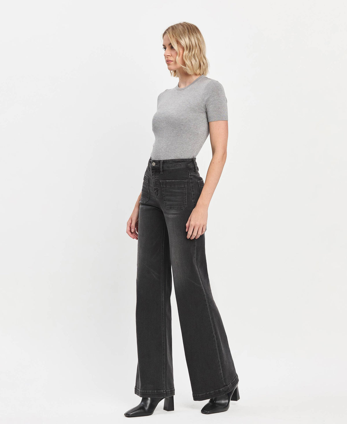 High Rise Patch Pocket Black Wide Trouser Jeans