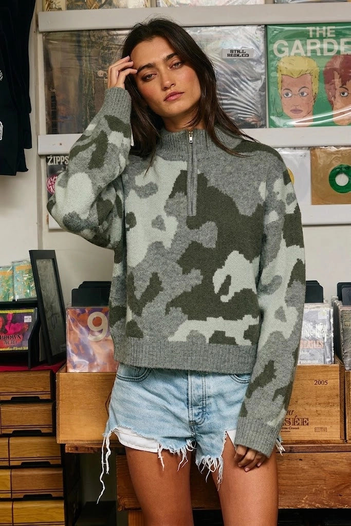 Camo Hlaf-Zip Mock Neck Sweater