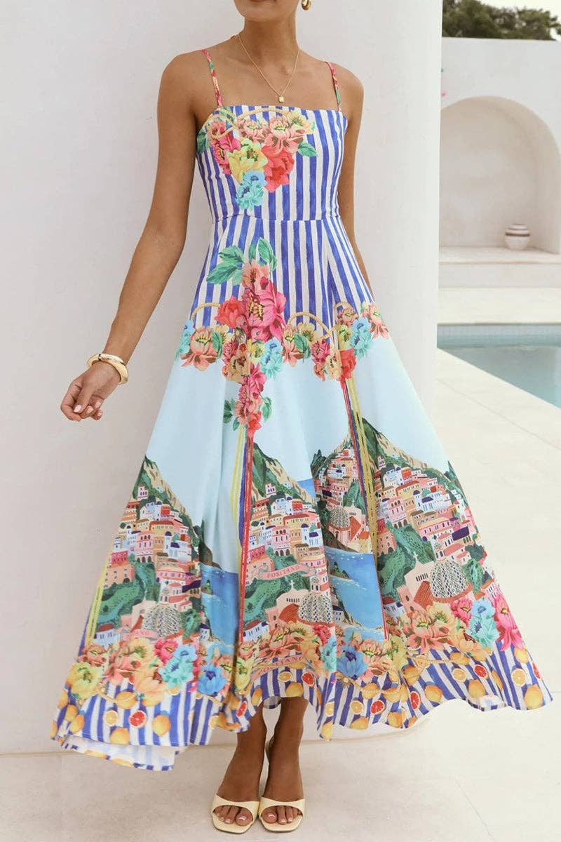 Floral Striped Spaghetti Strap Maxi Dress