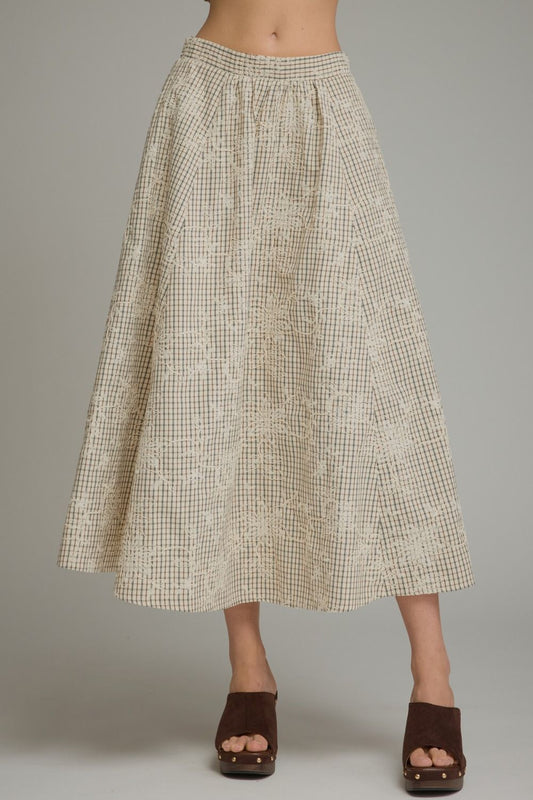 Plaid Midi Skirt w/Floral Embroidery