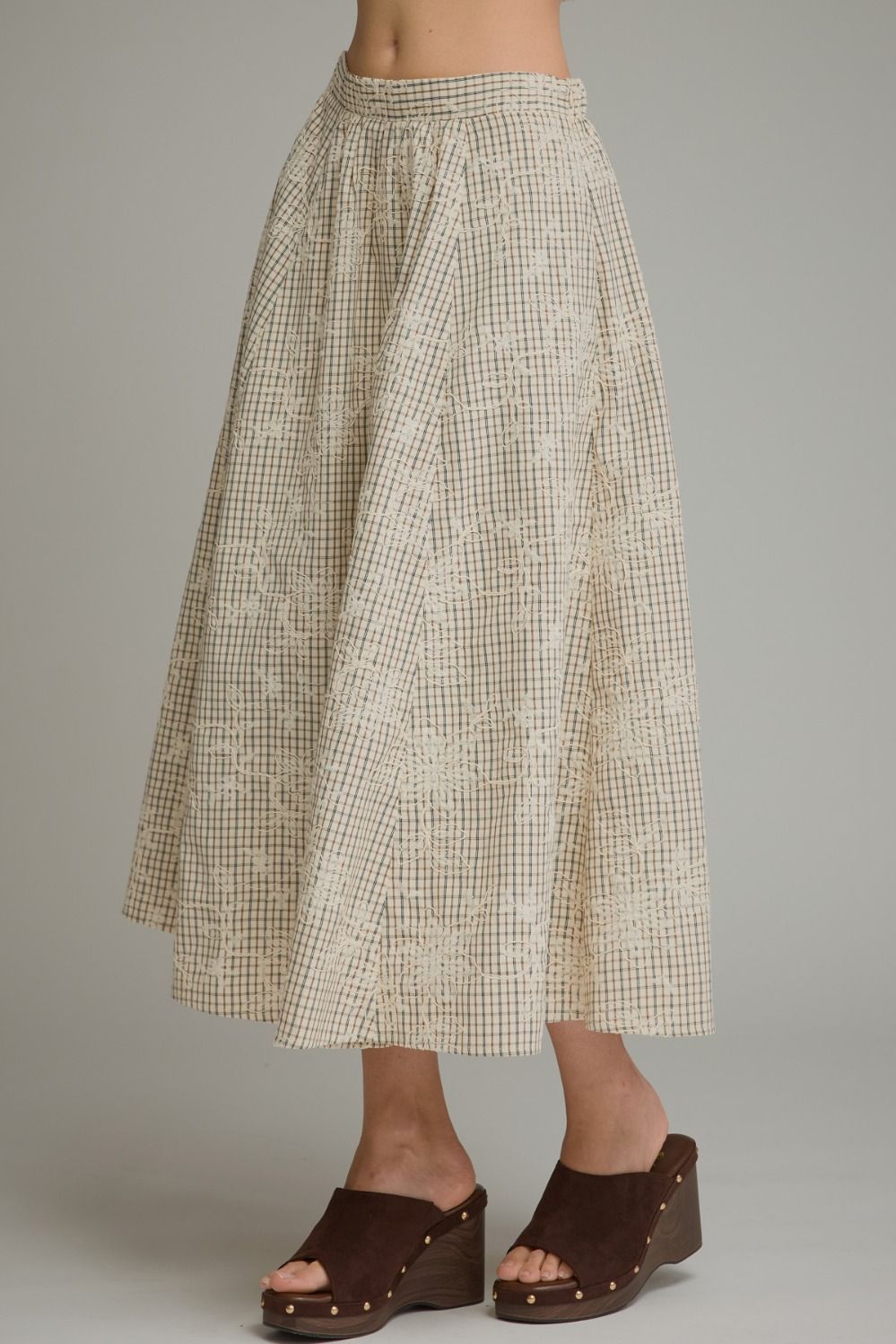 Plaid Midi Skirt w/Floral Embroidery