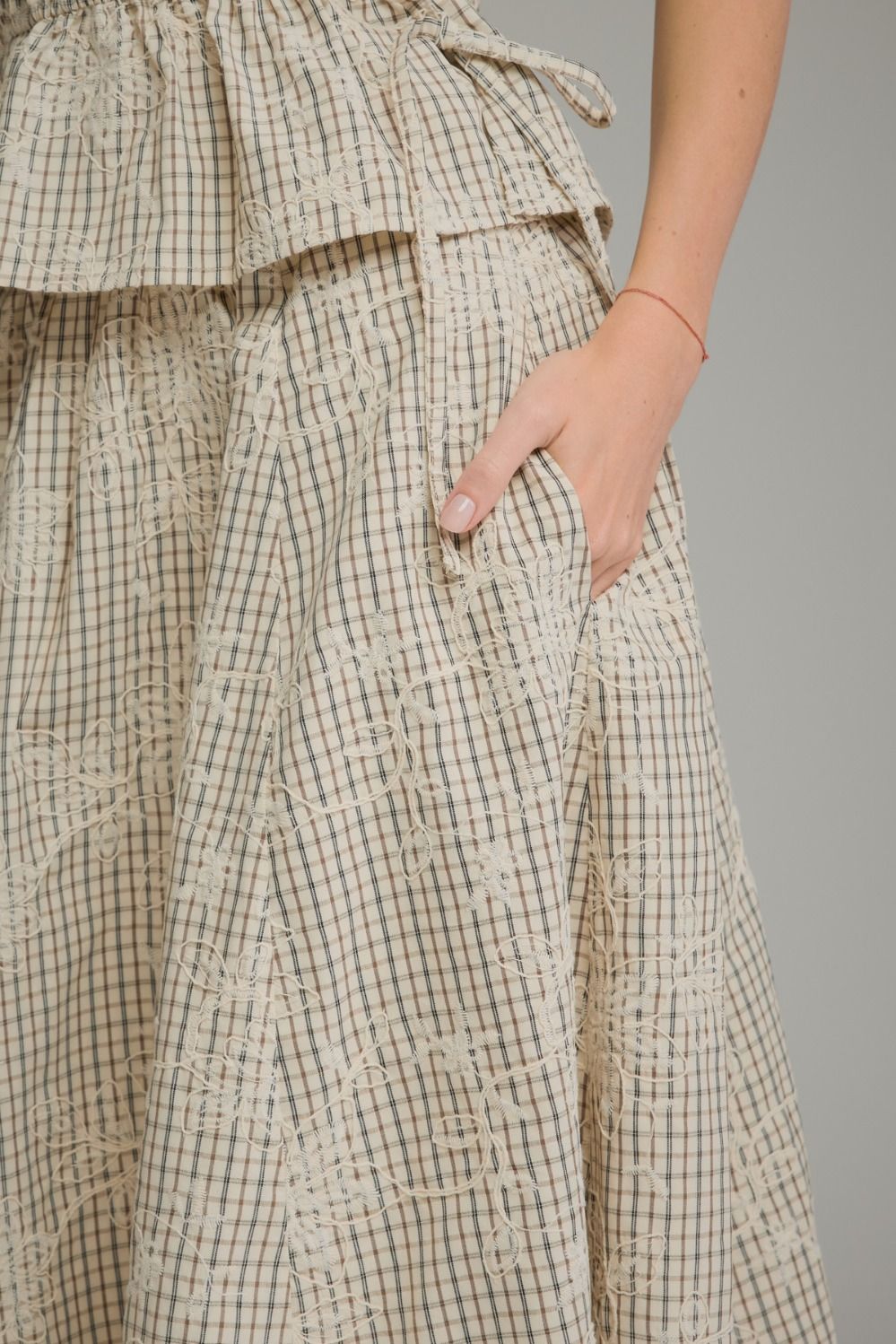 Plaid Midi Skirt w/Floral Embroidery