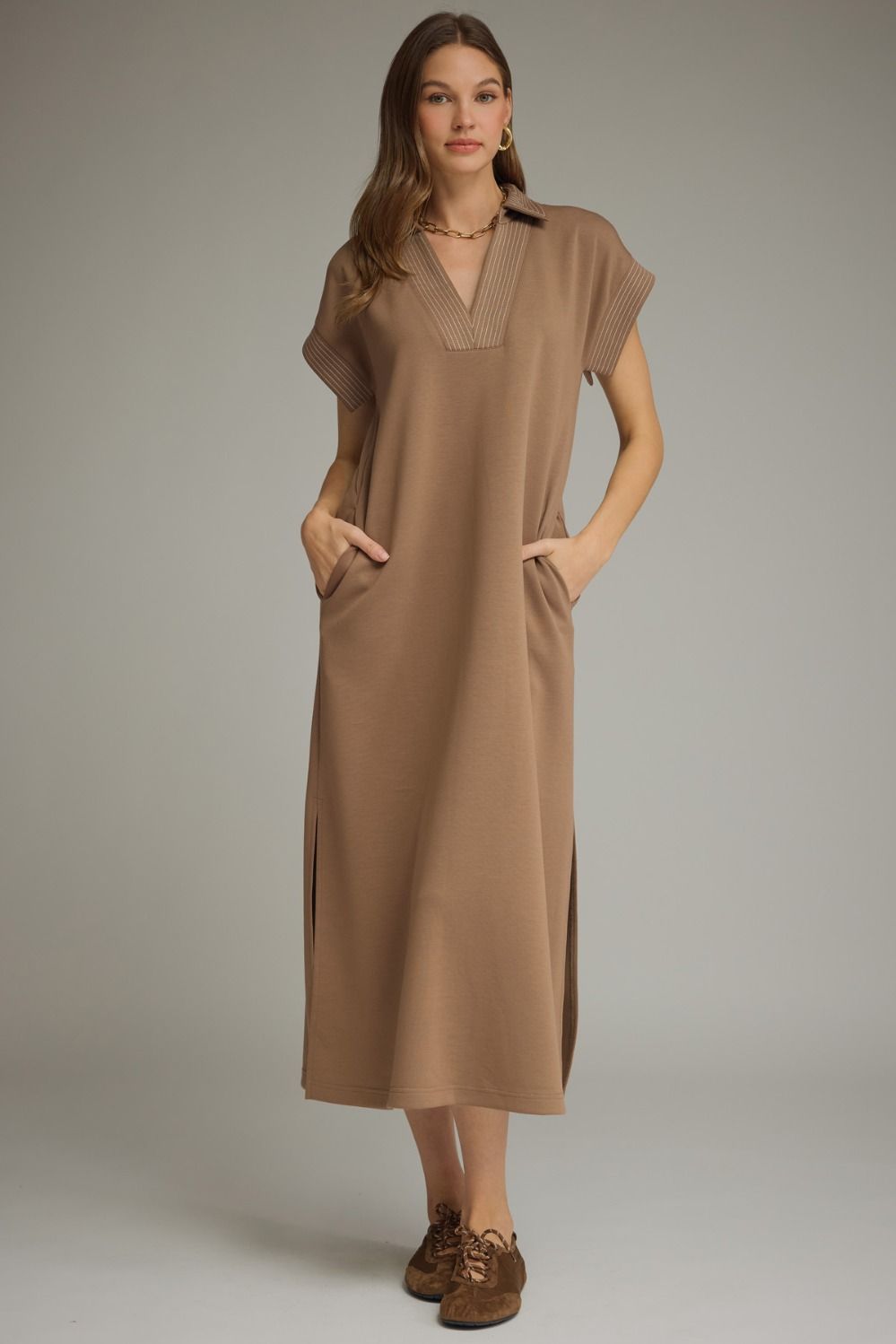 Contrast Stitch Midi Dress - Khaki