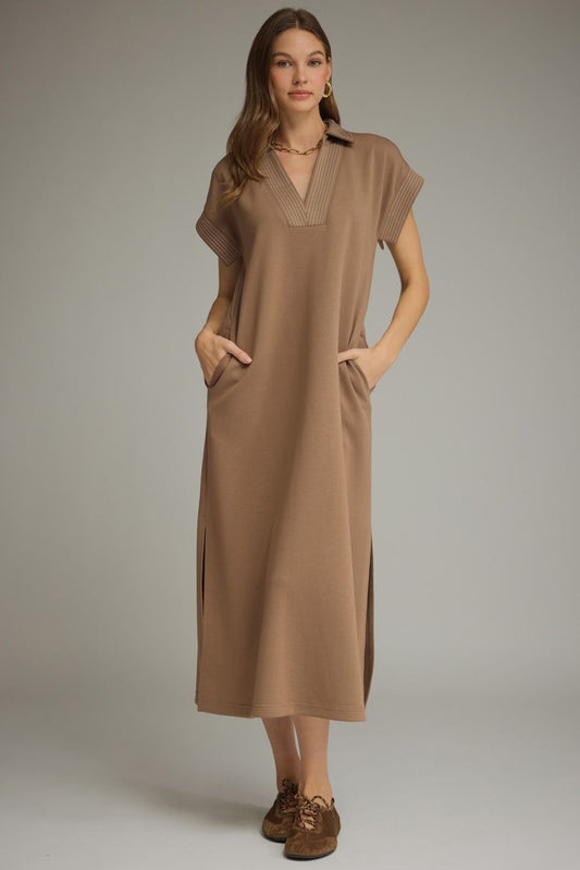 Contrast Stitch Midi Dress - Khaki