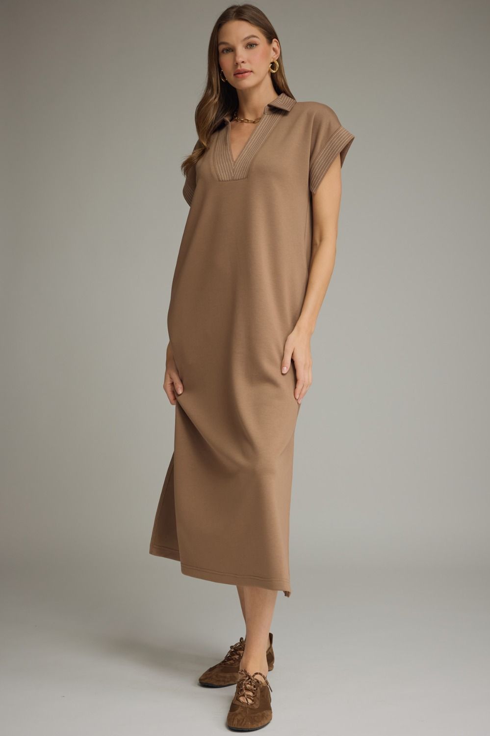 Contrast Stitch Midi Dress - Khaki
