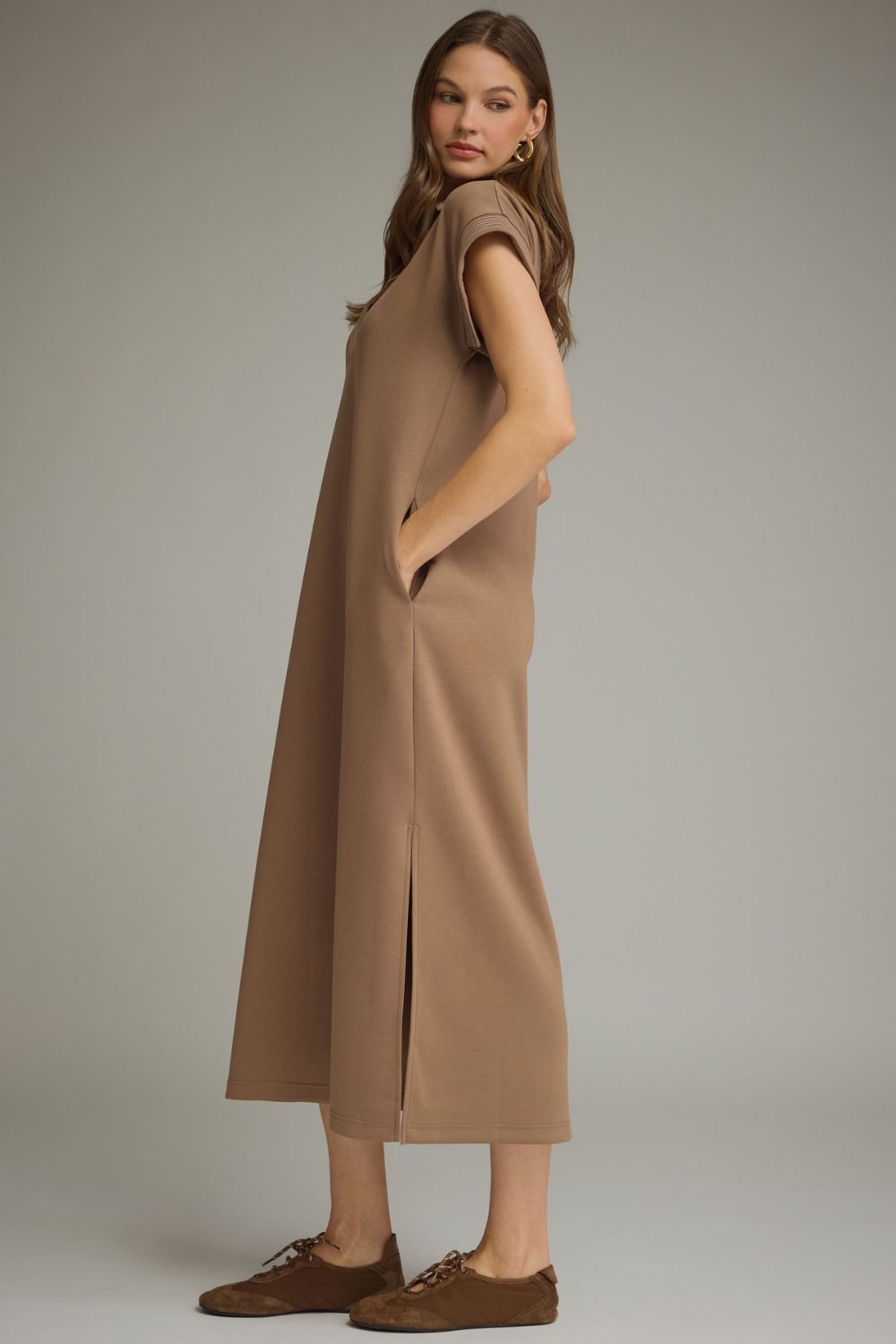 Contrast Stitch Midi Dress - Khaki