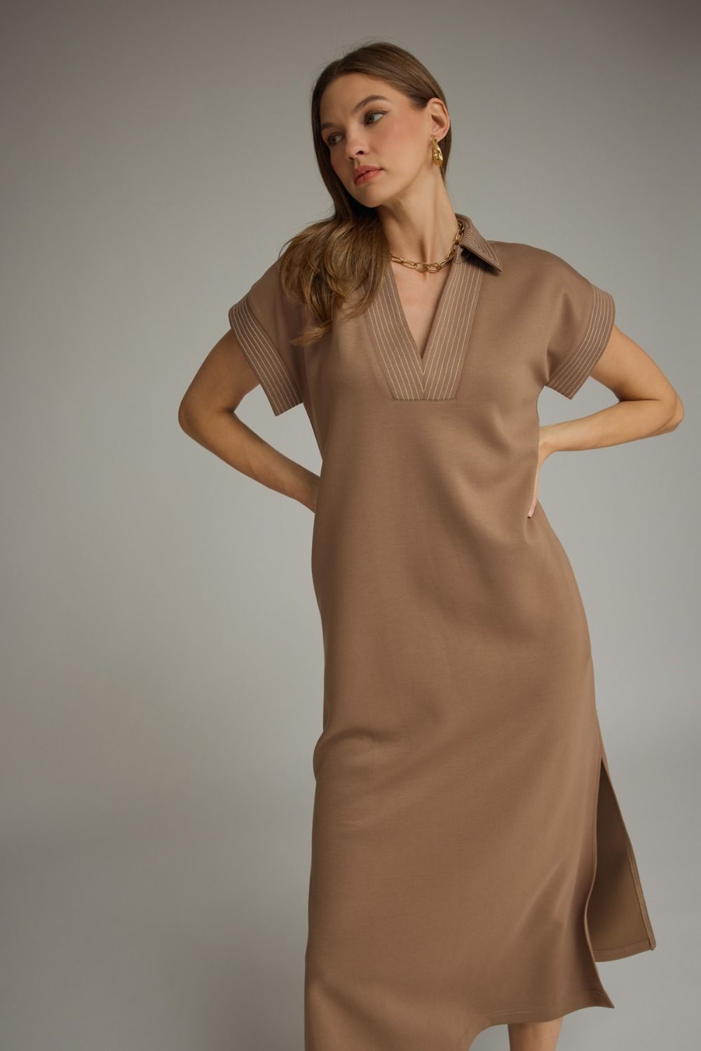 Contrast Stitch Midi Dress - Khaki