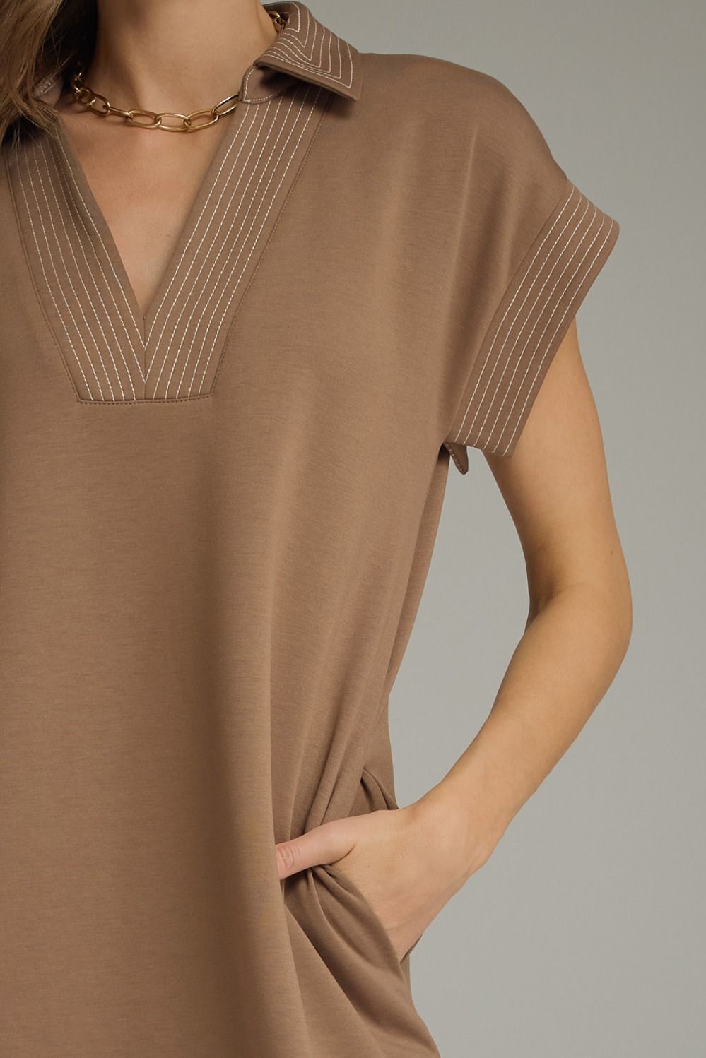 Contrast Stitch Midi Dress - Khaki