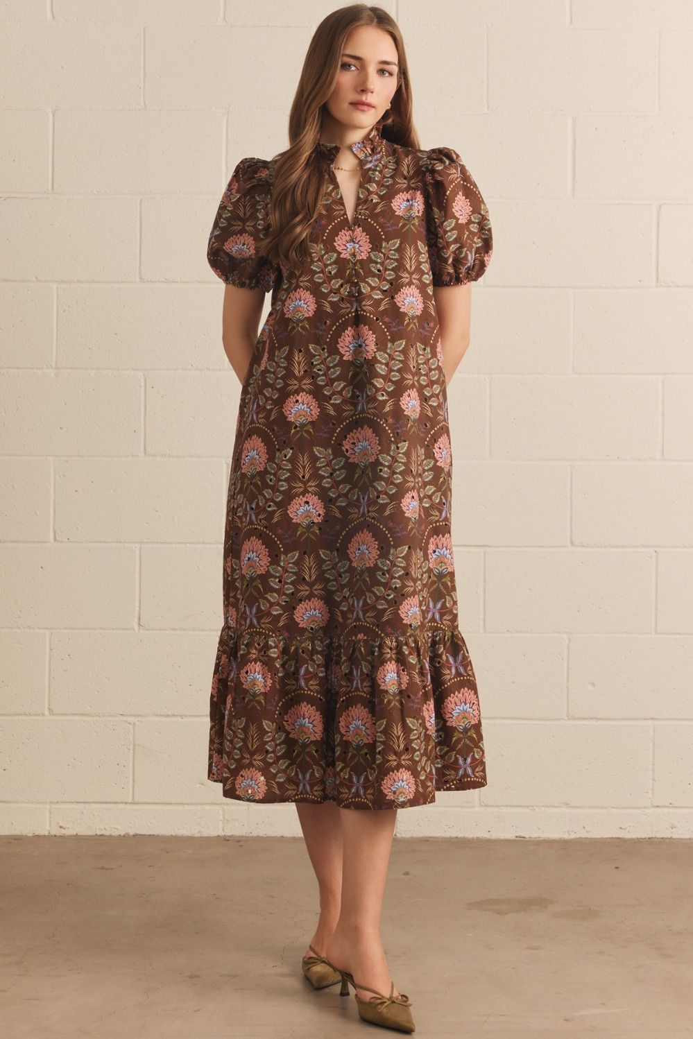 Floral Short Puff Sleeve Dress - Brown