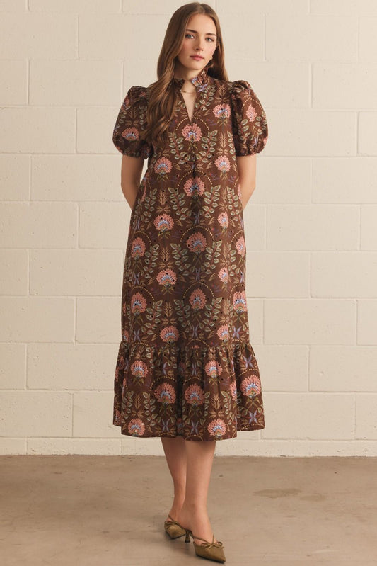 Floral Short Puff Sleeve Dress - Brown