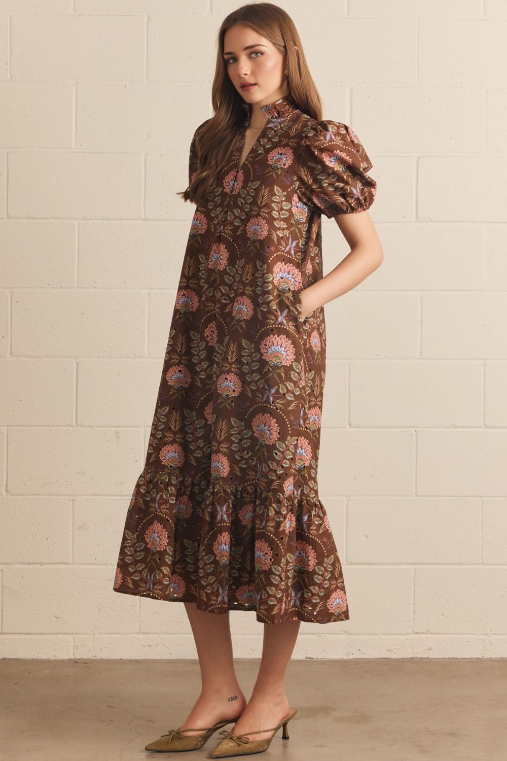 Floral Short Puff Sleeve Dress - Brown