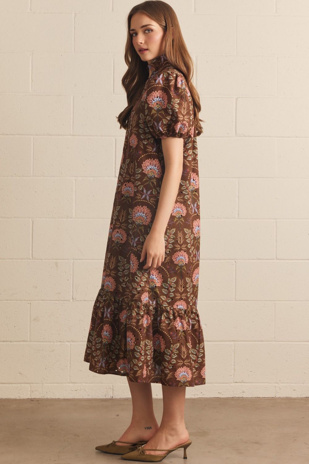 Floral Short Puff Sleeve Dress - Brown