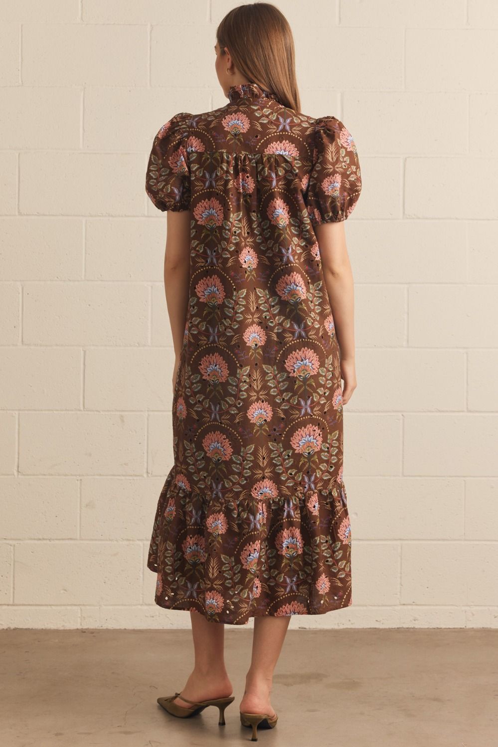Floral Short Puff Sleeve Dress - Brown