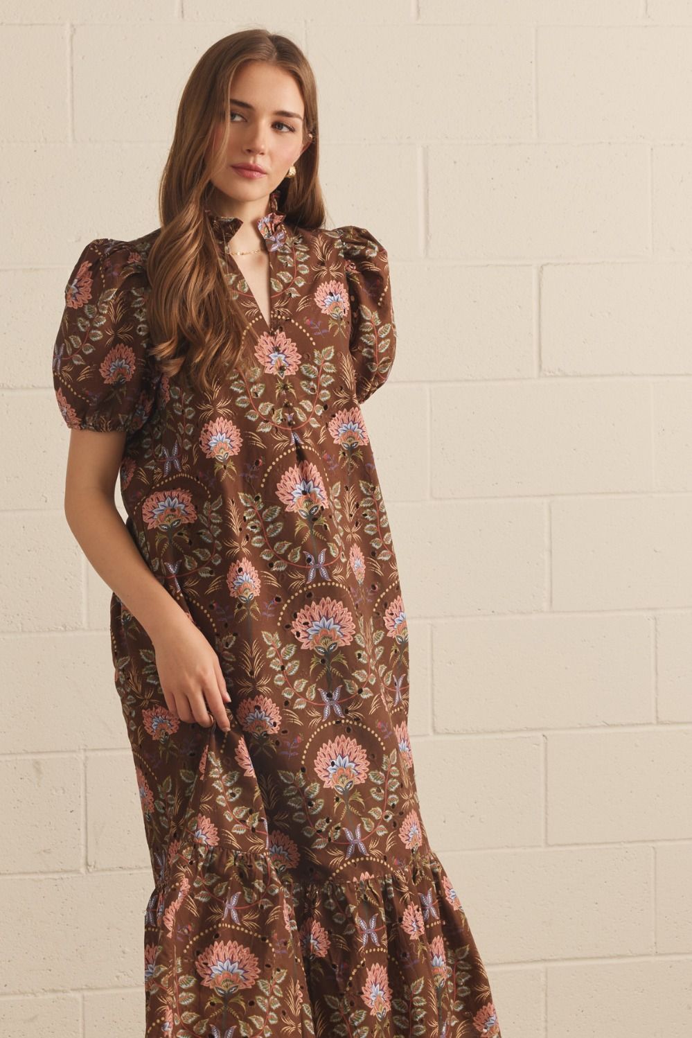 Floral Short Puff Sleeve Dress - Brown
