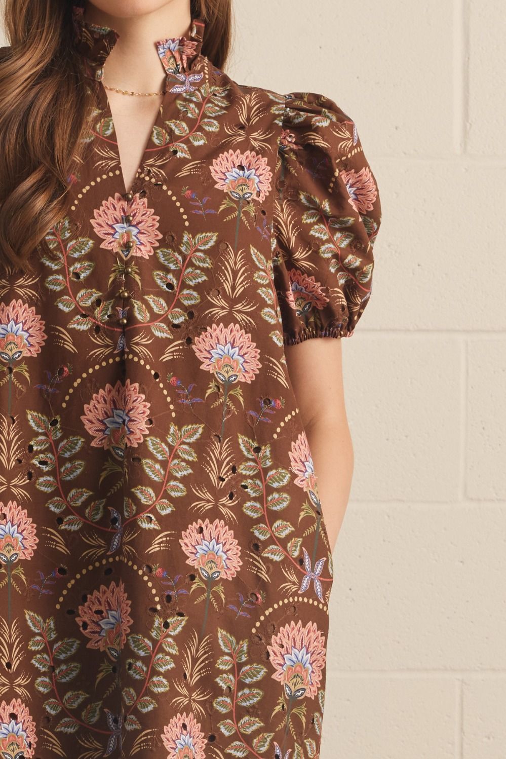 Floral Short Puff Sleeve Dress - Brown