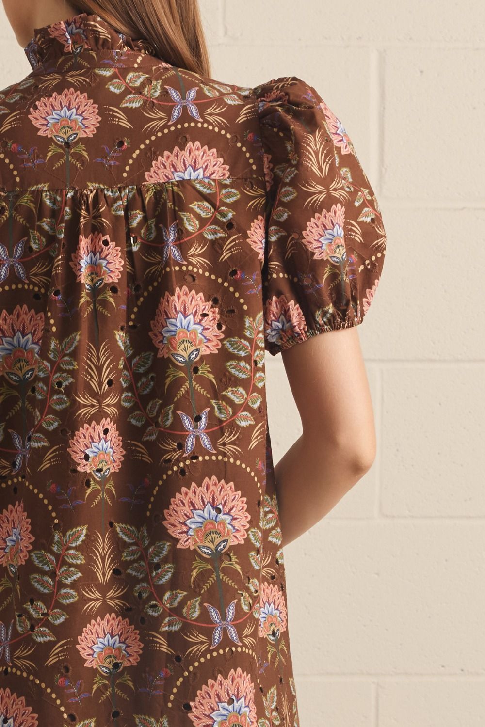 Floral Short Puff Sleeve Dress - Brown