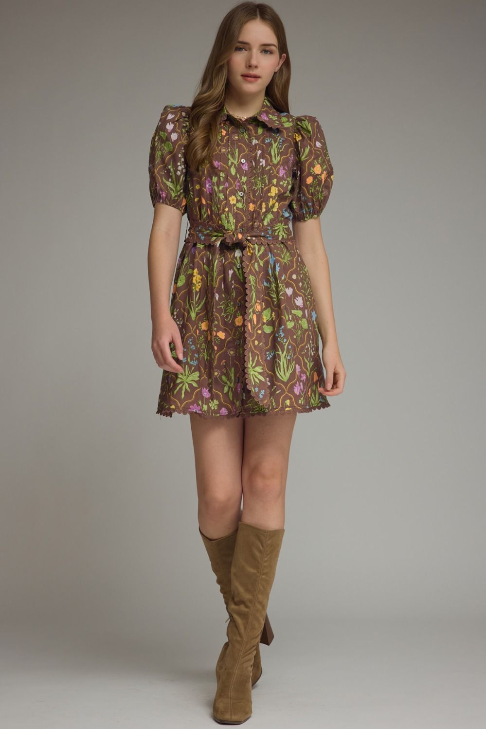 Floral Print Brown Short Dress w/Tie