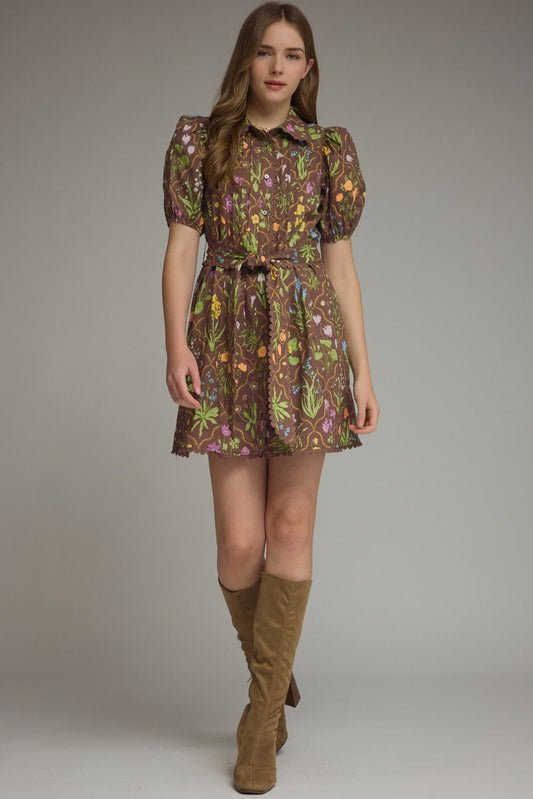 Floral Print Brown Short Dress w/Tie