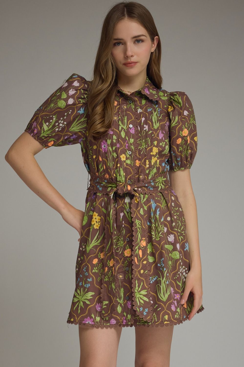 Floral Print Brown Short Dress w/Tie