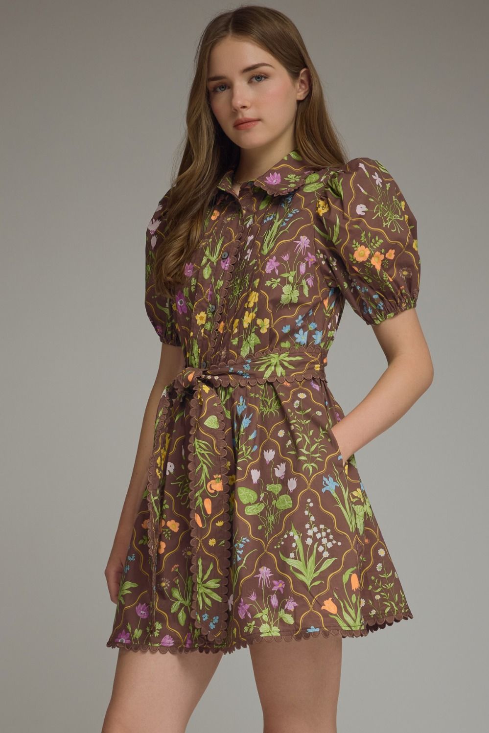 Floral Print Brown Short Dress w/Tie