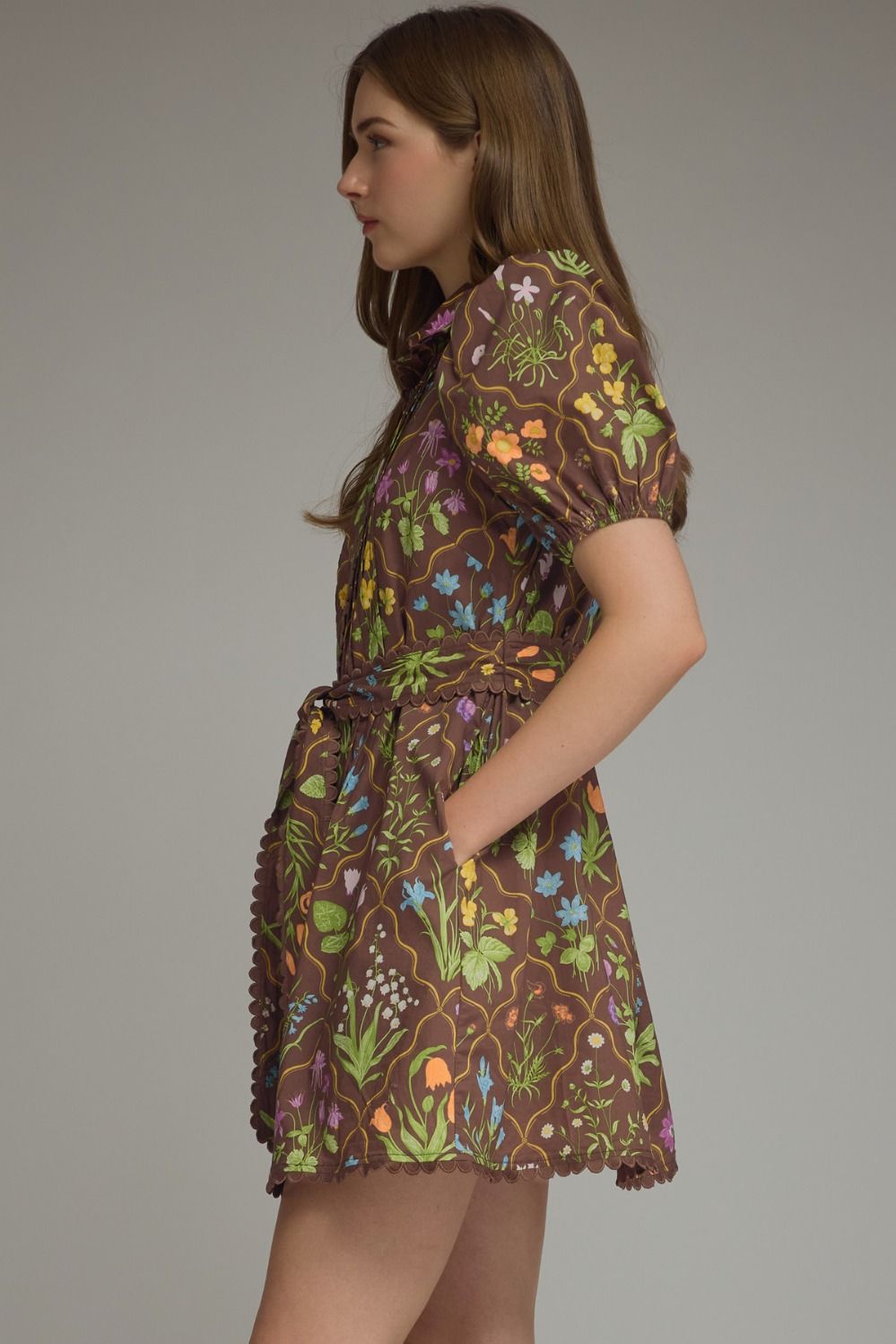 Floral Print Brown Short Dress w/Tie