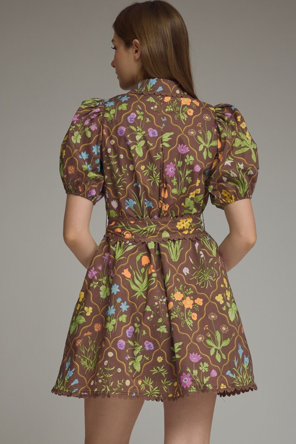 Floral Print Brown Short Dress w/Tie