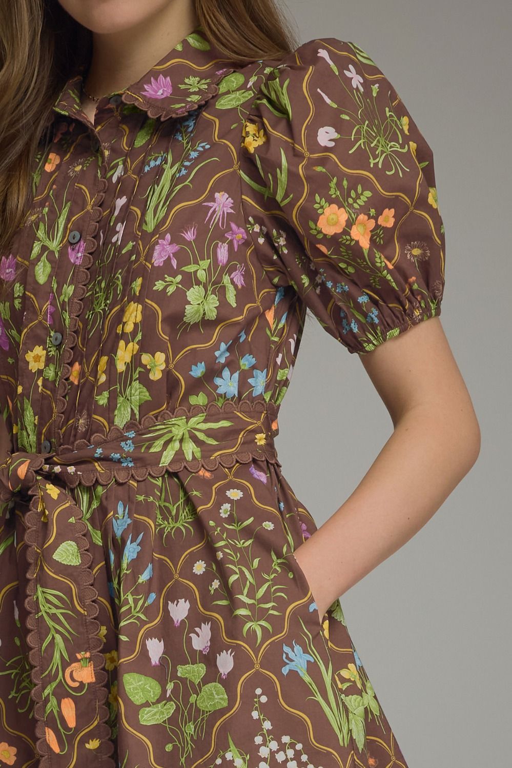 Floral Print Brown Short Dress w/Tie