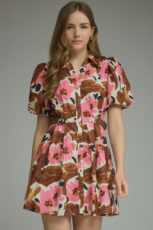 Brown/Pink Floral Mini Dress w/Leather Side Detail