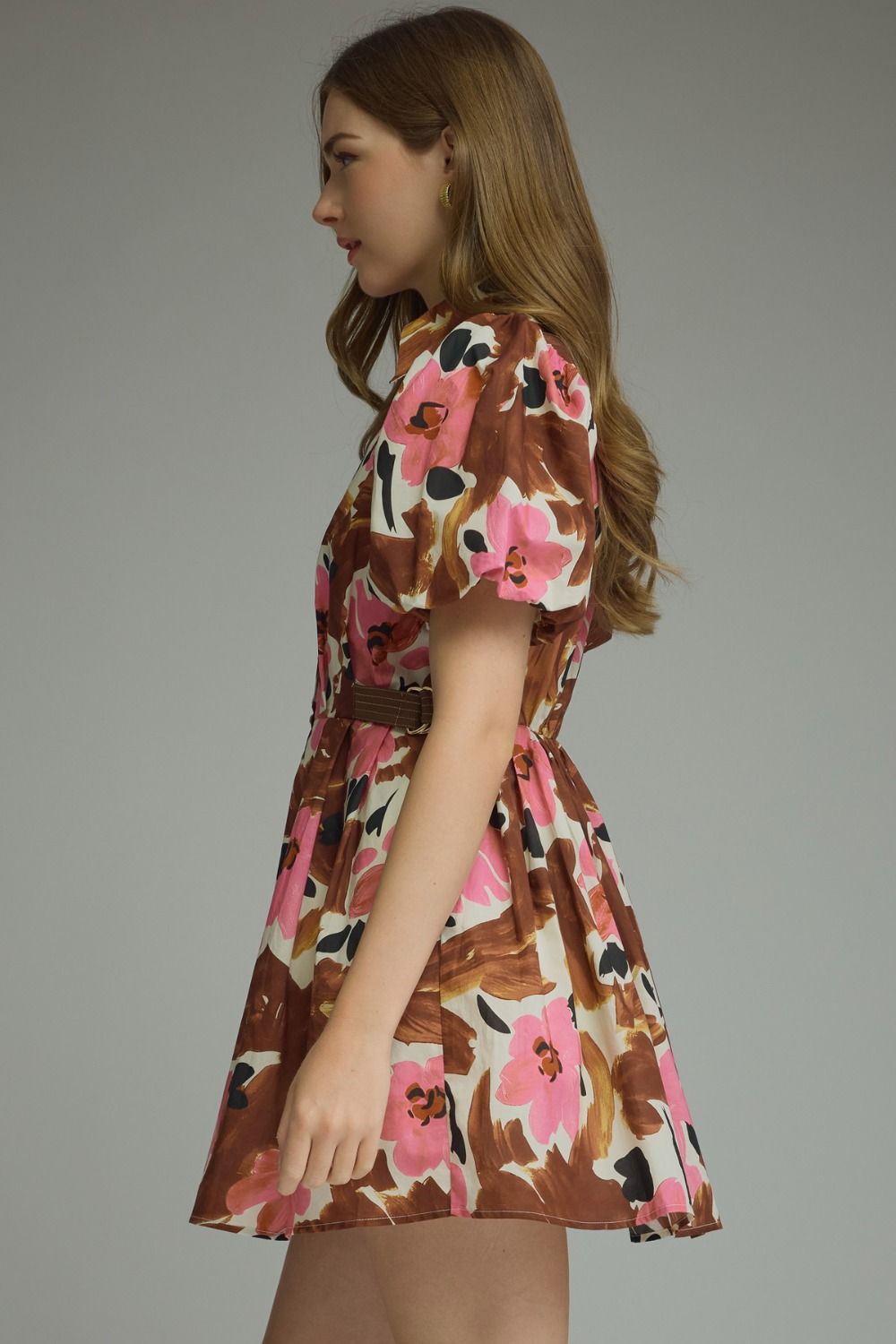 Brown/Pink Floral Mini Dress w/Leather Side Detail