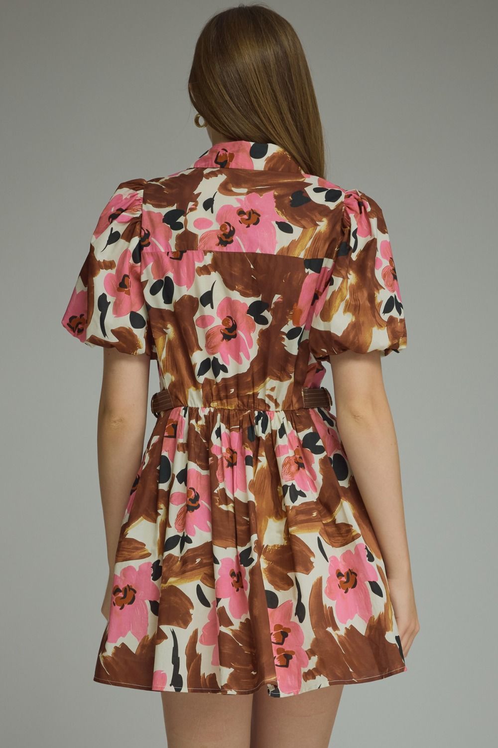 Brown/Pink Floral Mini Dress w/Leather Side Detail