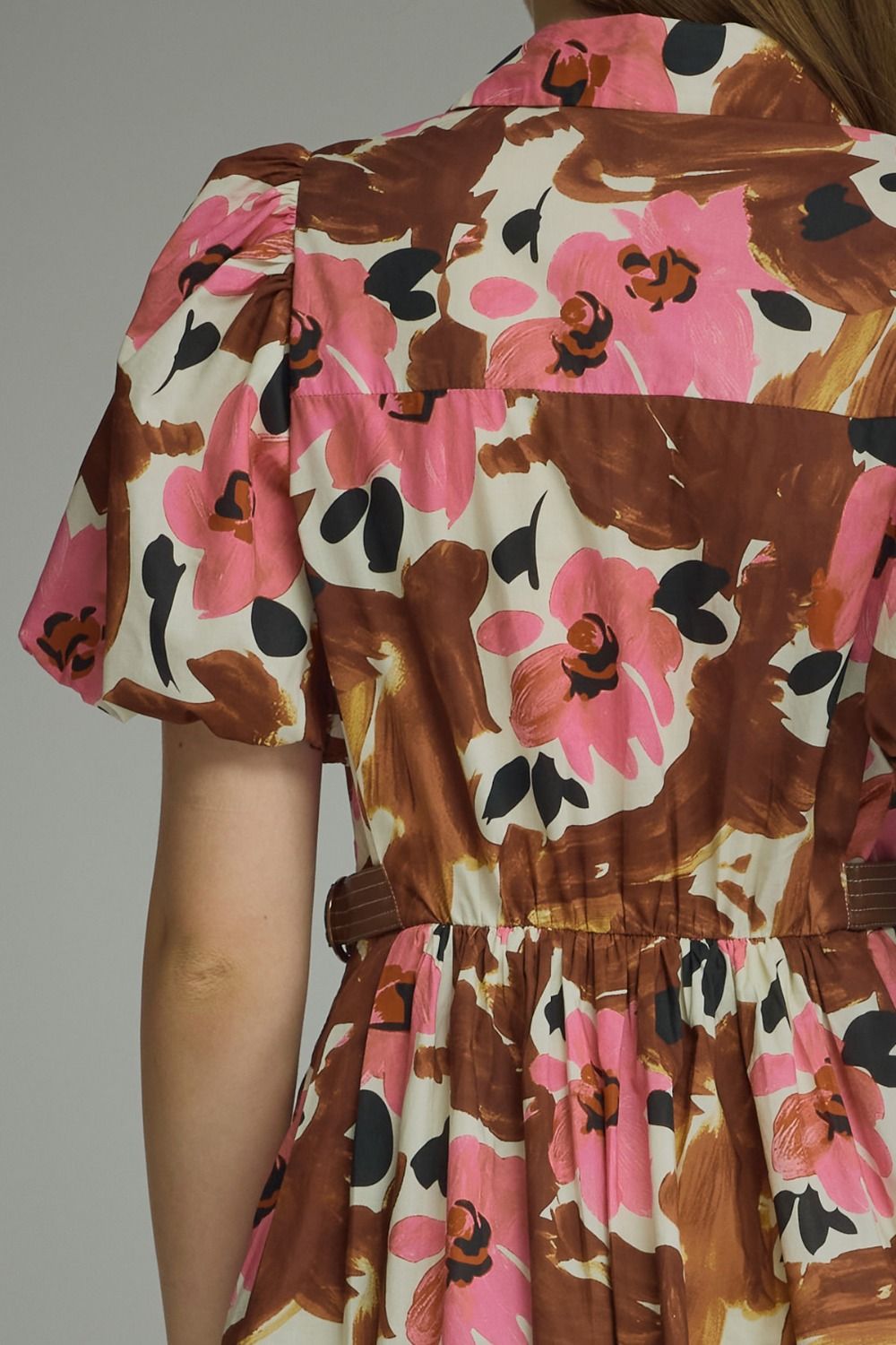 Brown/Pink Floral Mini Dress w/Leather Side Detail