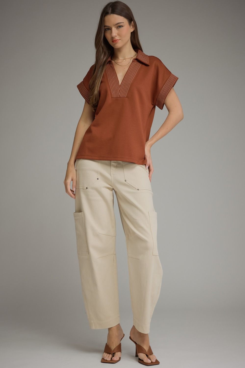 Contrast Stitching Top Burnt Orange