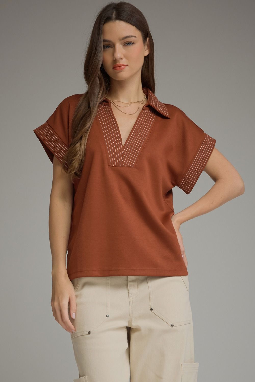 Contrast Stitching Top Burnt Orange
