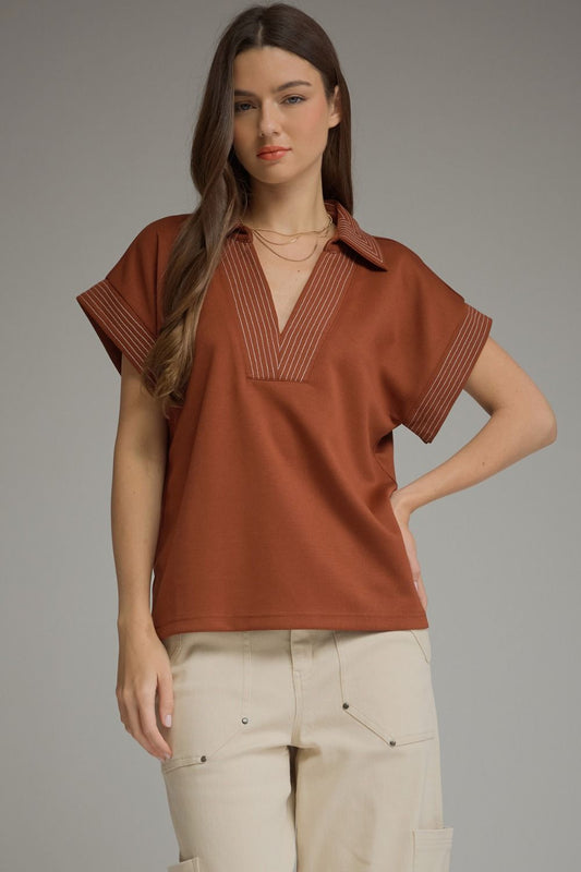 Contrast Stitching Top Burnt Orange