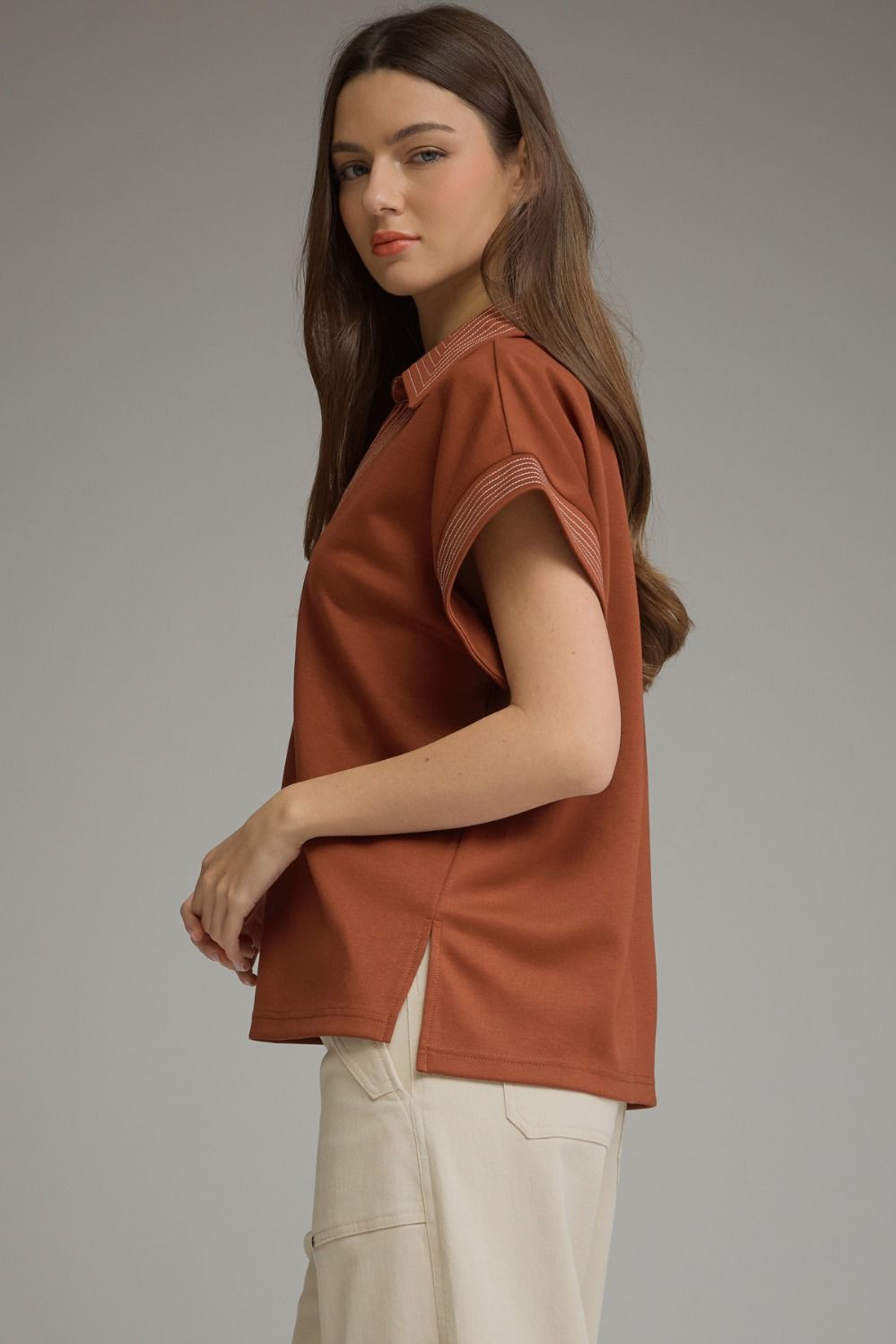 Contrast Stitching Top Burnt Orange